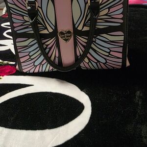 Betsey Johnson Pastel Butterfly Wing Satchel with Black Handles